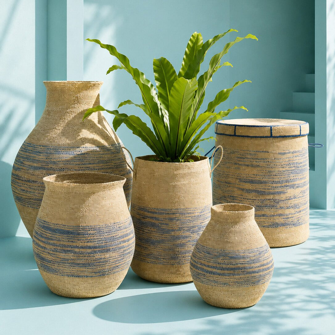 Basket Striped Seagrass Natural/Blue Small J-Line