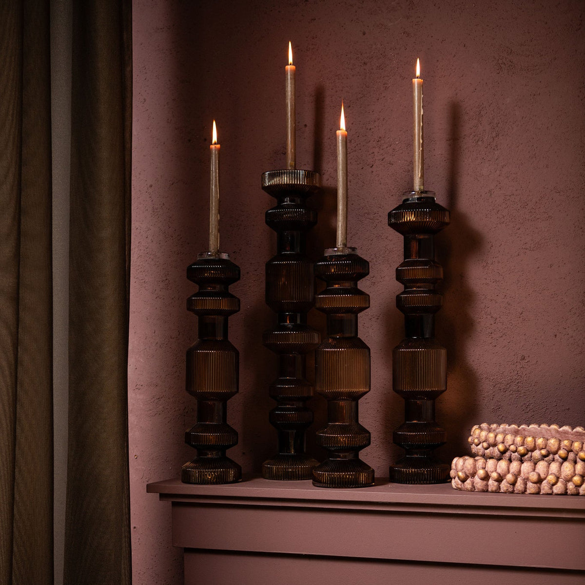 Galinda Brown Ribbed Glass Candlestick PTMD Set of 3