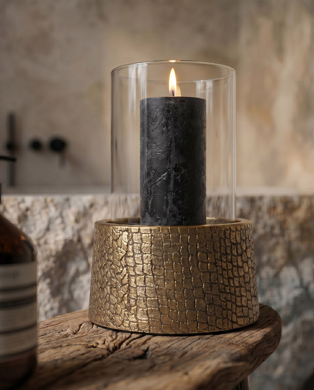 The Croco Candle Holder with Glass - Brass - M Bazar Bizar