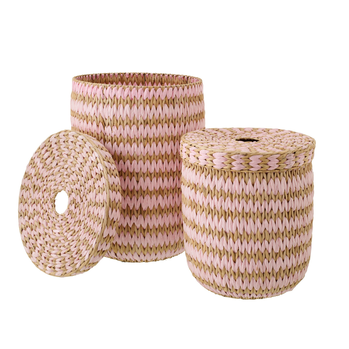 Set of 2 Baskets with Lid Striped Trim Natural/Light Pink J-Line