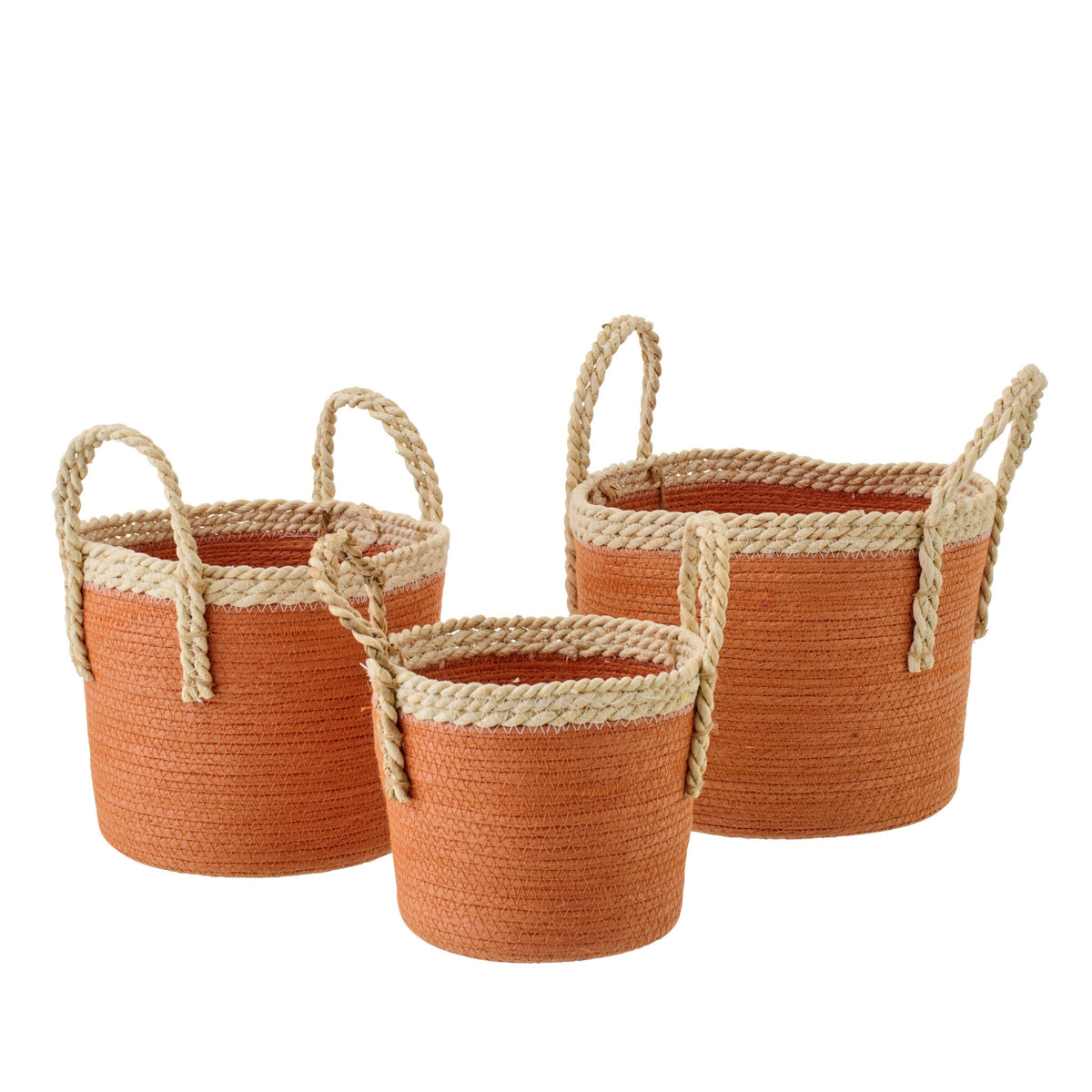 Set Of 3 Baskets With Handles Paper Dark Orange/Natural J-Line