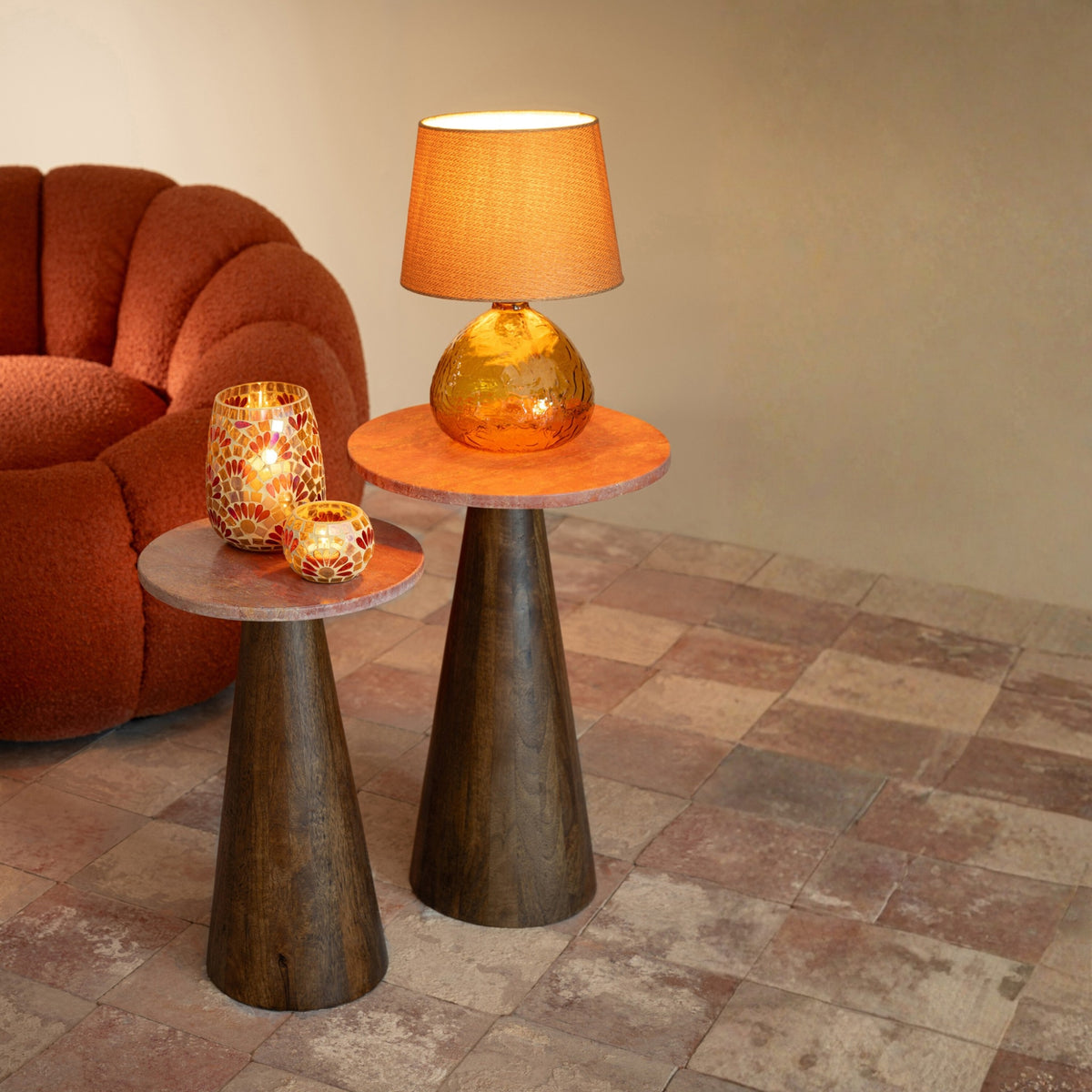 Set of 2 Round Marble Side Tables Terracotta/Dark Brown J-Line