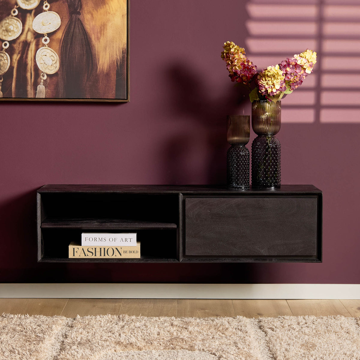 Floating TV Stand Ambiance Mango Wood Black 120cm Starfurn