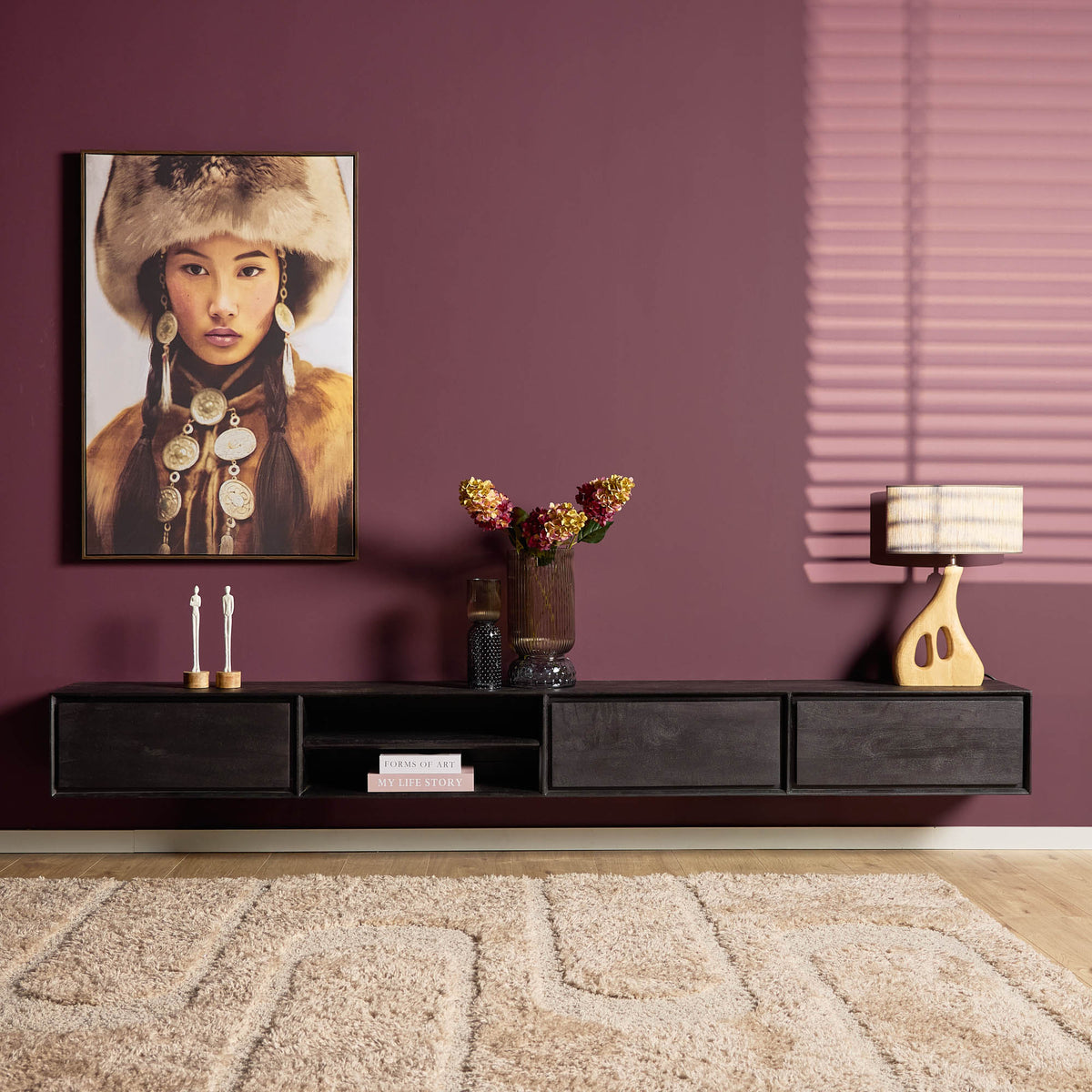 Floating TV Stand Ambiance Mango Wood Black 280cm Starfurn
