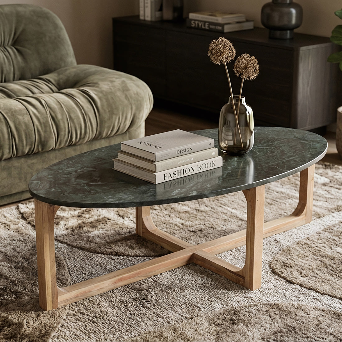 Coffee Table Marble Oval Green Raw Materials