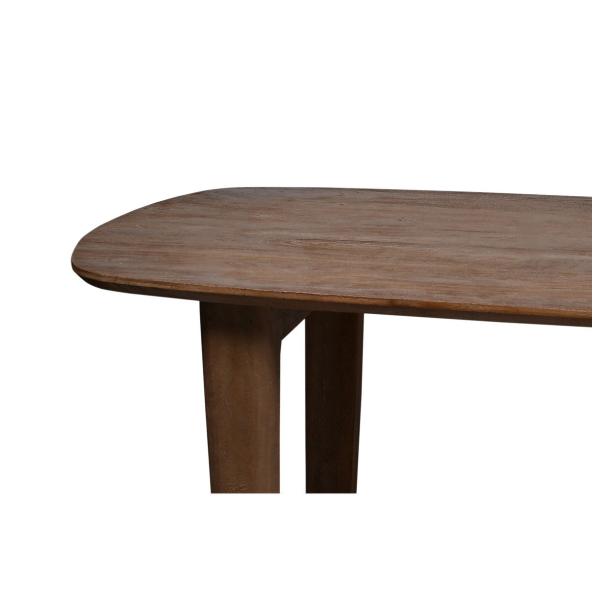 Detail van de afgeronde bladhoek en de U-vormige poot van de Cortez eettafel