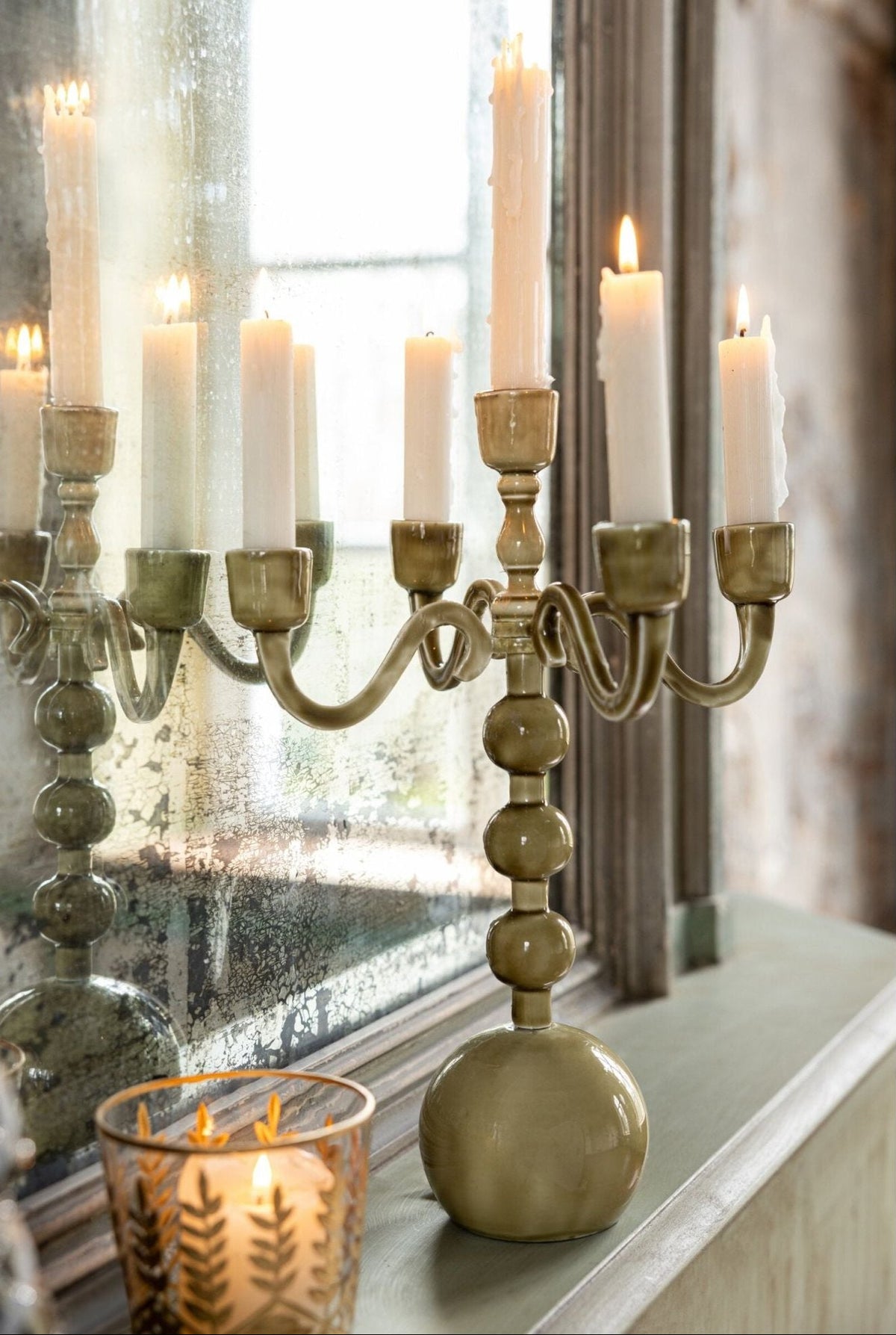 Candle Holder 5 Arms Ball Aluminum Olive Green J-Line