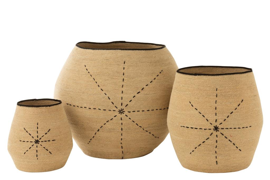 Mand Ster Stippellijnen Zeegras Naturel/Zwart Set van 3 - Mand - J-Line - livinglovely.nl