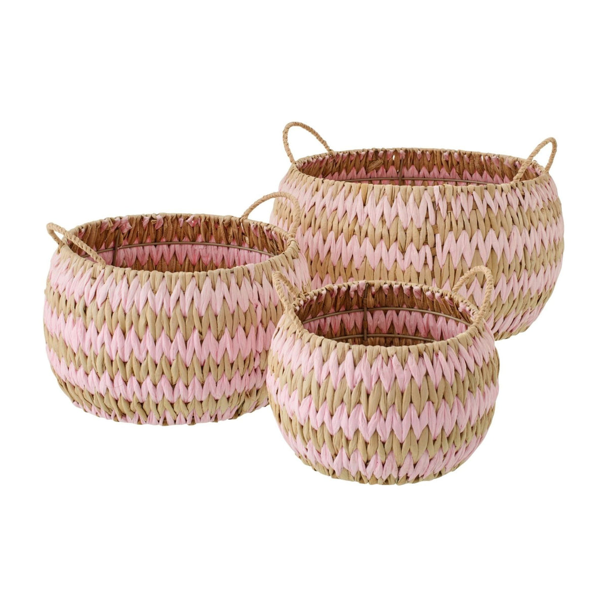 Baskets With Handles Striped Trim Natural/Light Pink Set of 3 J-Line