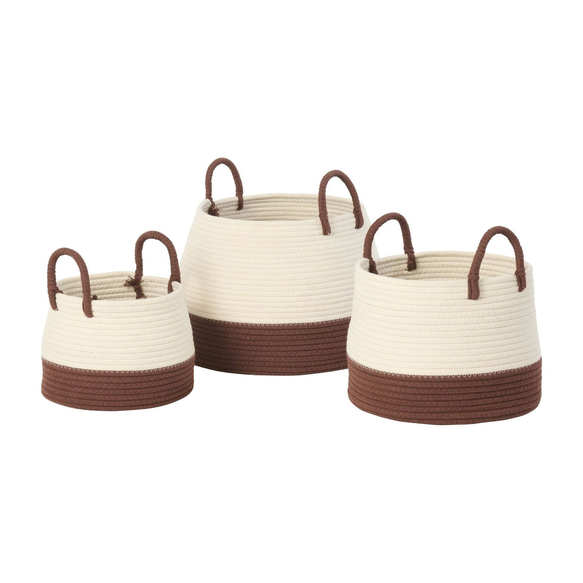 Round Polyester Baskets with Handles Dark Brown/White Set of 3 J-Line