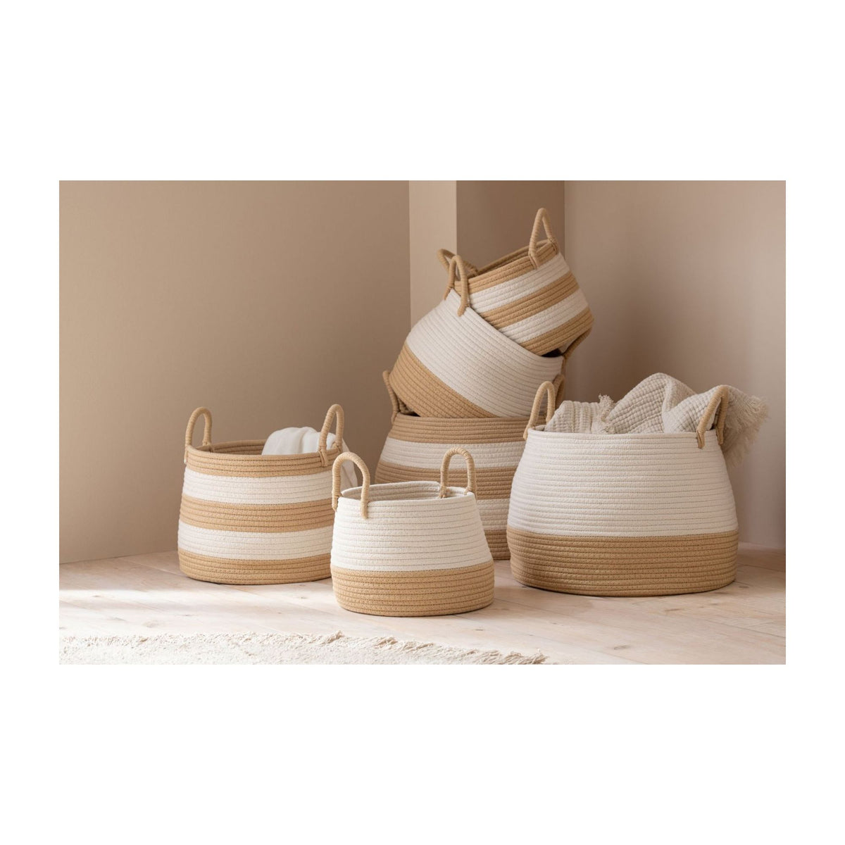 Round Polyester Baskets with Handles Natural/White Set of 3 J-Line