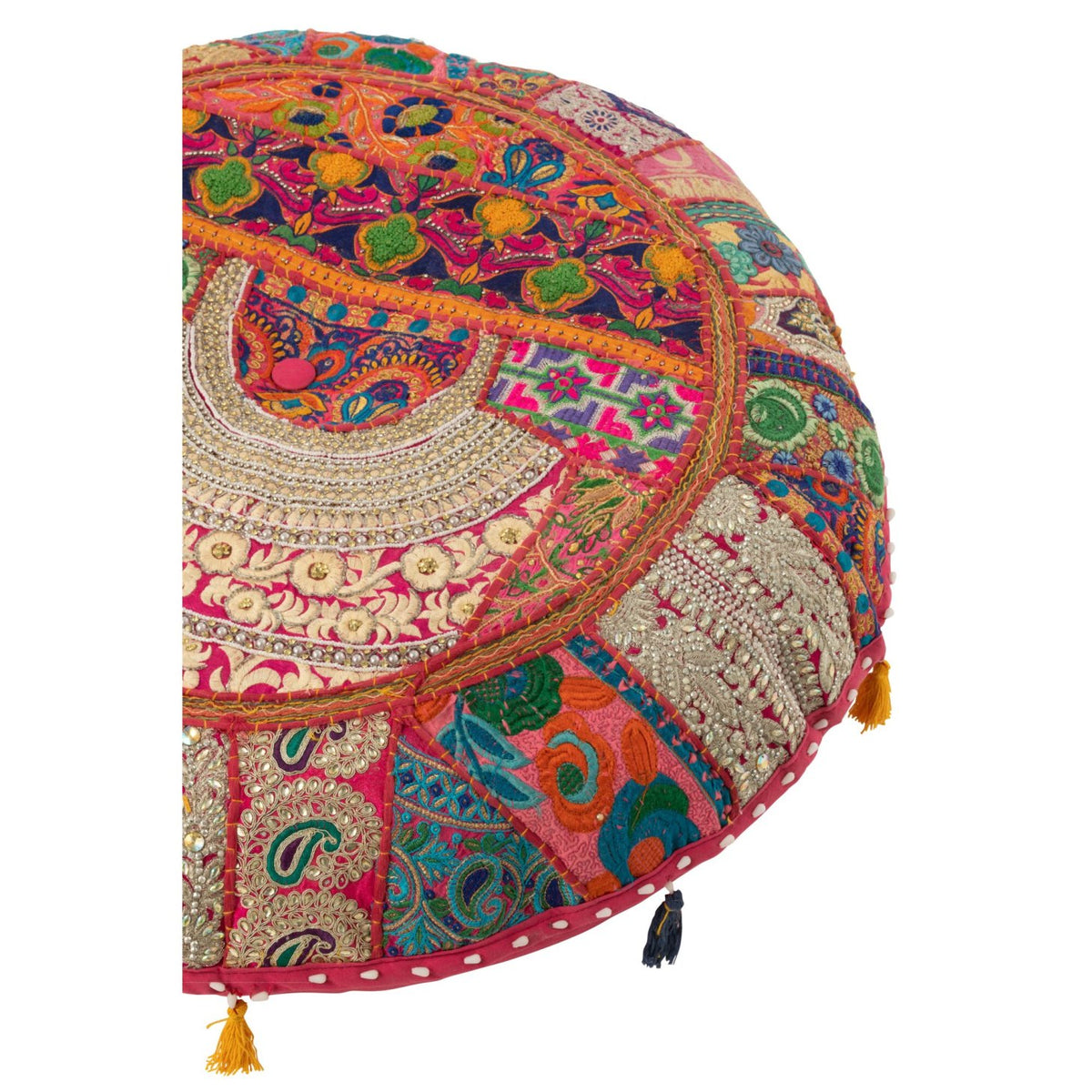 Pouf Round Flat Patterns + Tassels Cotton Pink J-Line