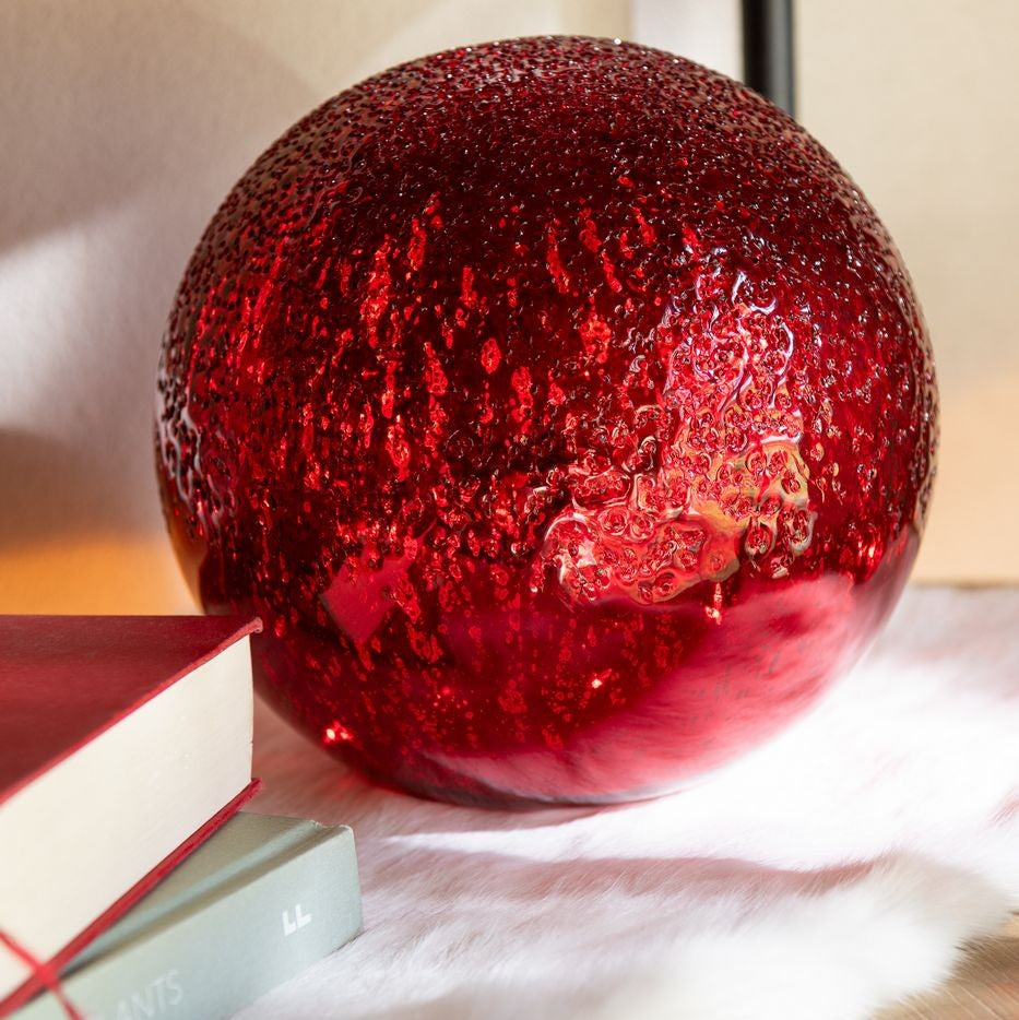 J-Line Set of 2 Crackle Glass LED Baubles, Christmas Red