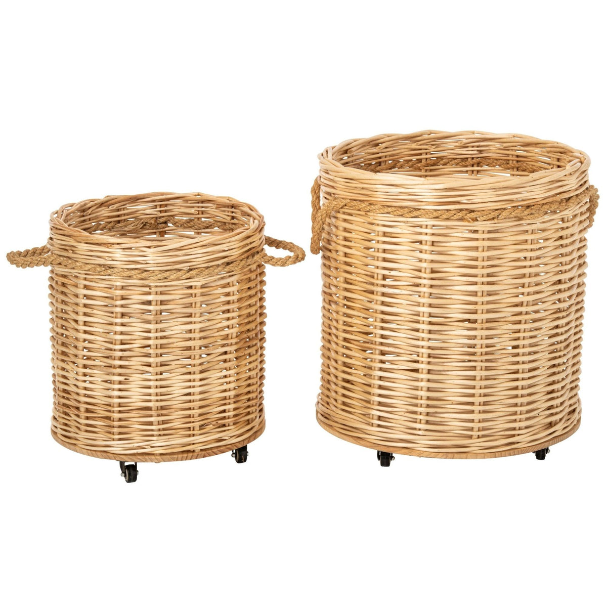 Set of 2 Round Natural Wicker Planters on Wheels J-Line