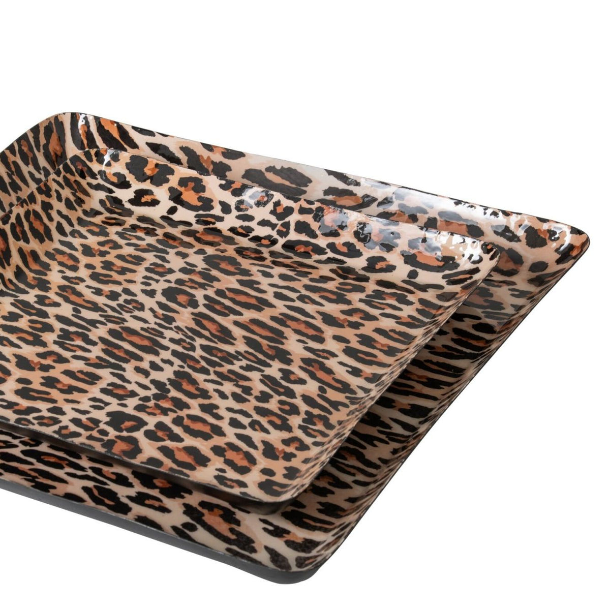 Set of 2 Leo Square Metal Serving Trays Leopard Print Caramel/Black J-Line