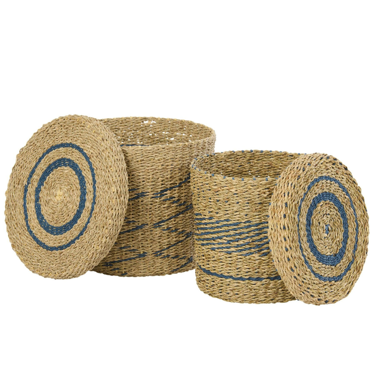Set of 2 Baskets + Lids Striped Paper Natural/Blue J-Line