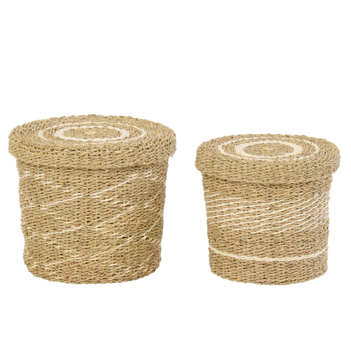 Set of 2 Baskets + Lids Striped Paper White/Natural J-Line