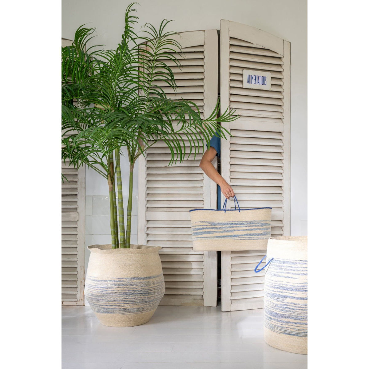 Set of 2 Striped Seagrass Baskets Natural/Blue J-Line