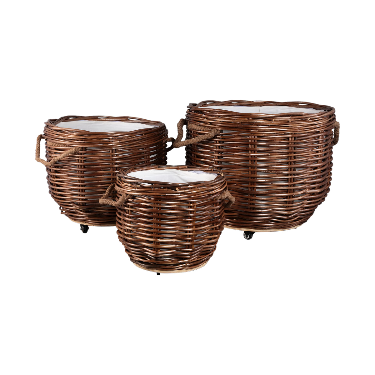 Set of 3 Brown Darrett Willow Baskets on Wheels PTMD