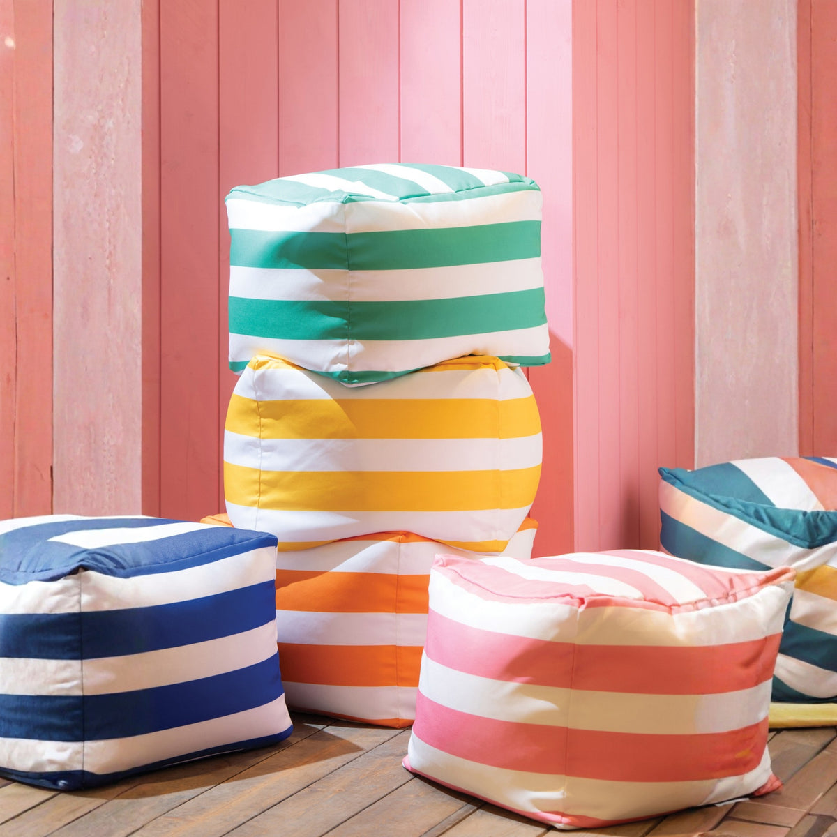 Set of 3 Pouf Striped Polyester Multicolor J-Line