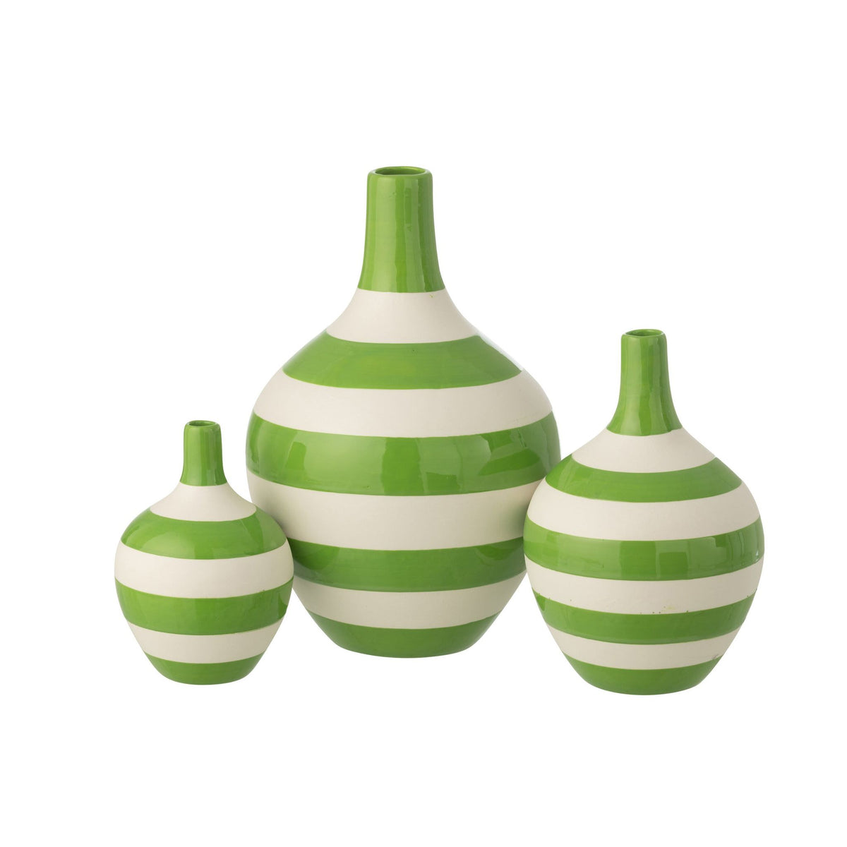 Set of 3 Striped Porcelain Vases White/Green J-Line