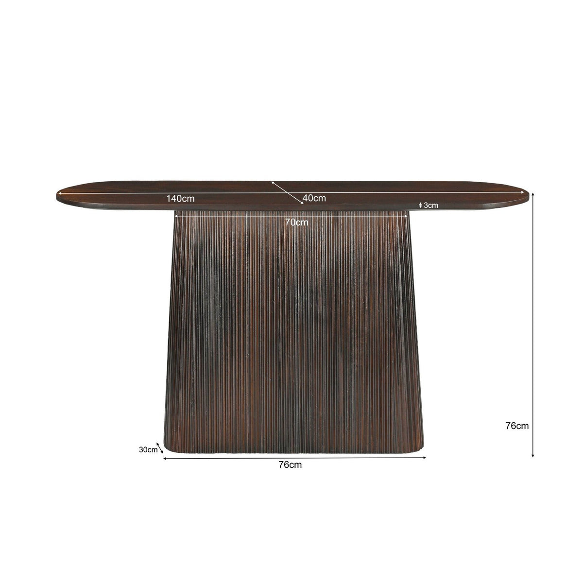 Maatschets van de Salvator sidetable, 140 bij 40 bij 76 cm
