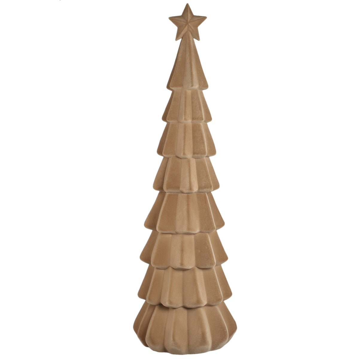Yule Kerstboom Gelaagd Beige Large van PTMD, gelaagde boom met ster in de top in beige fluweel op witte achtergrond