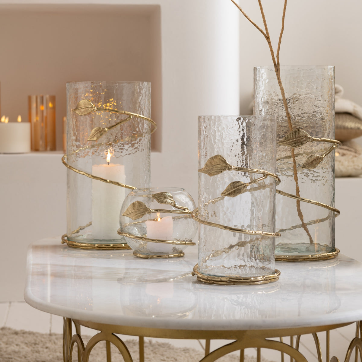 Glass Lanterns with Gold Leaves Set of 3 J-Line