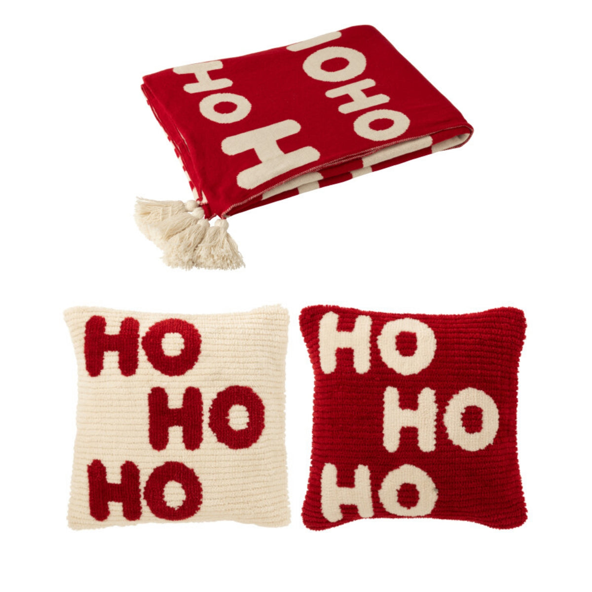 Christmas Set Plaid &amp; Christmas Cushions HoHoHo Red/White J-Line