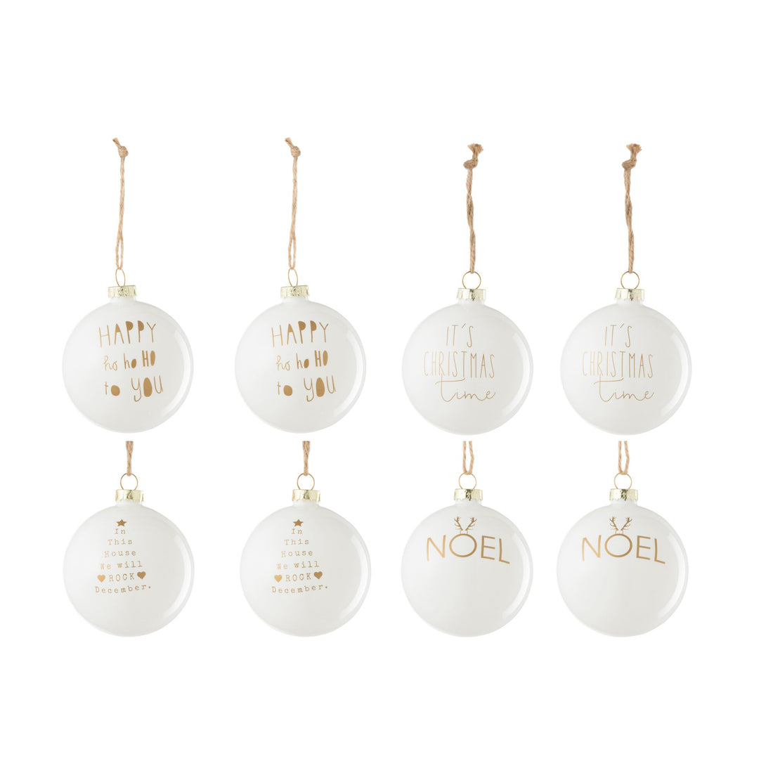 Box Of 8 Christmas Baubles 2+2+2+2 Text Christmas Glass White/Gold J-Line