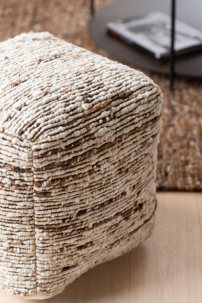 Pouf Woven Wool Ecru/Brown 45x45x45cm J-Line