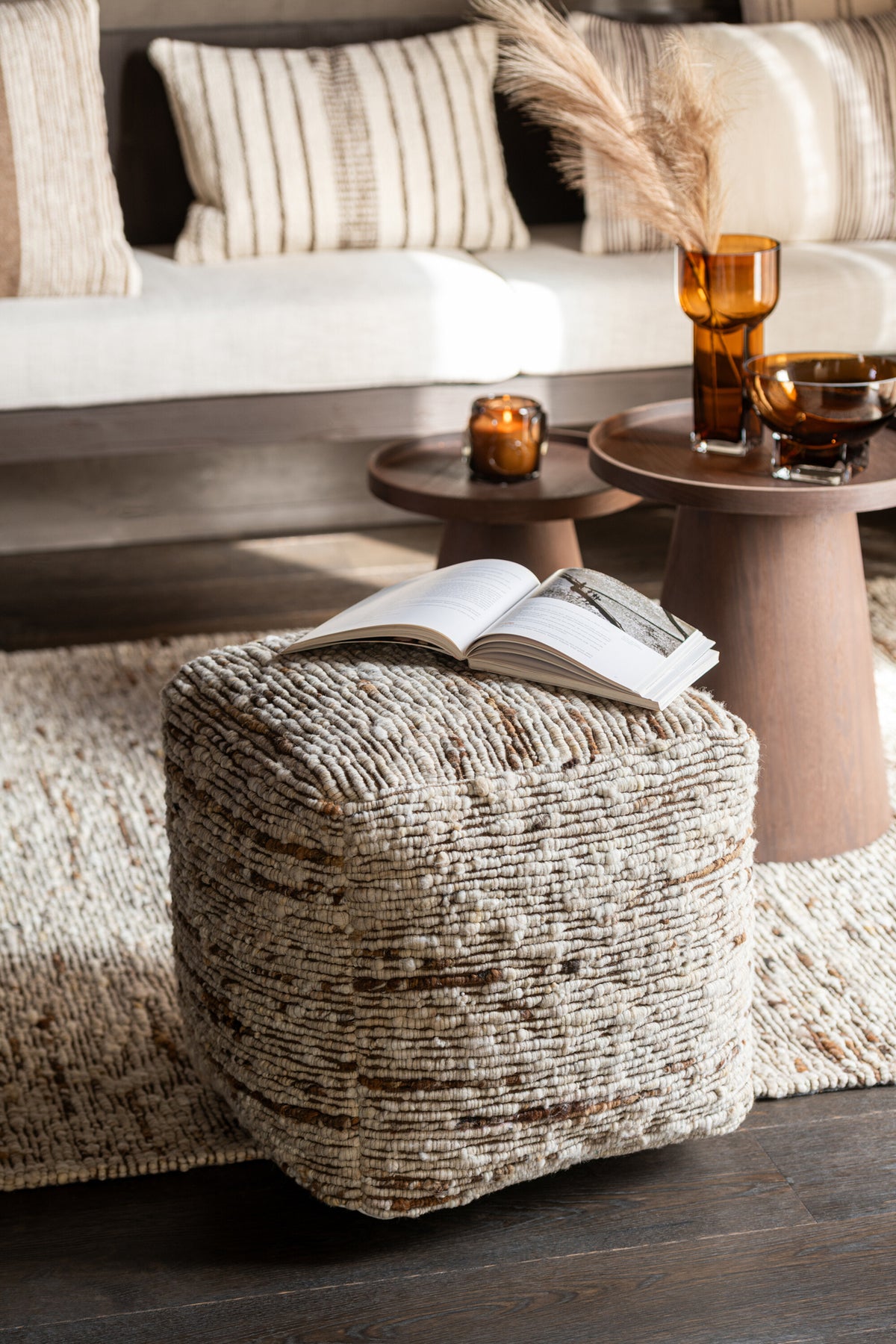 Pouf Woven Wool Ecru/Brown 45x45x45cm J-Line
