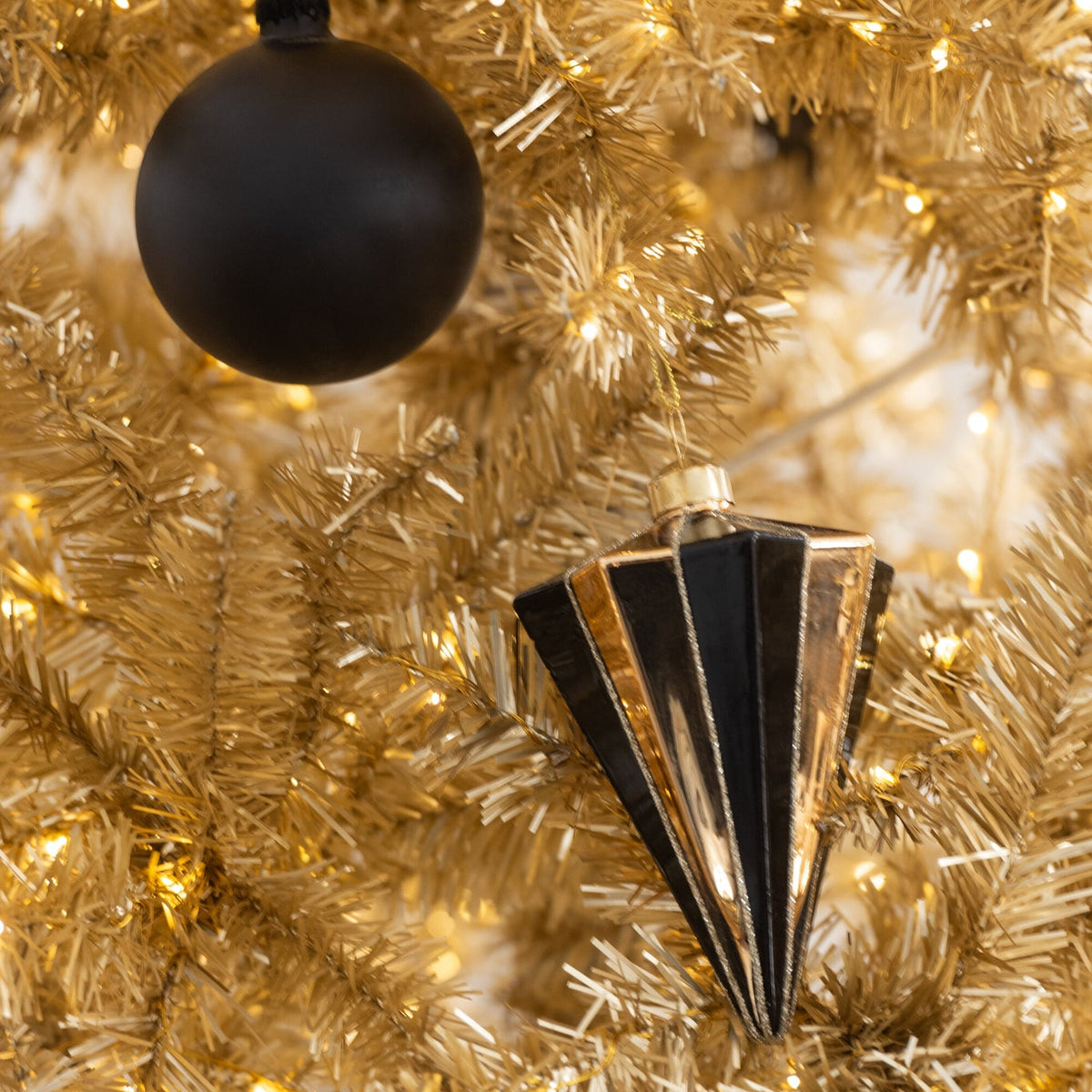 Box Of 4 Christmas Baubles Diamond Striped Glass Gold-Colored/Black