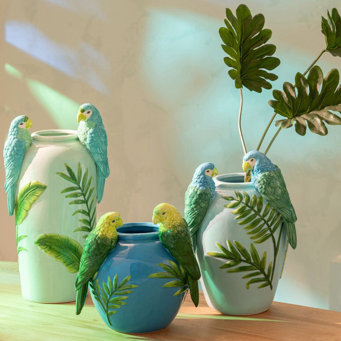 Medium Green/Blue Ceramic Parrot Vase J-Line