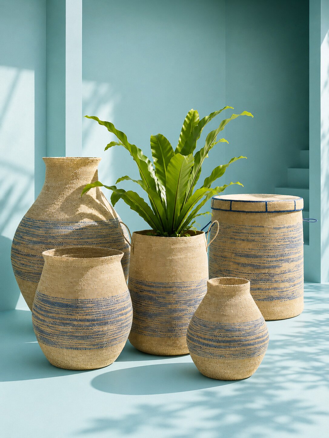 Basket With Handle + Lid Striped Seagrass Natural/Blue J-Line