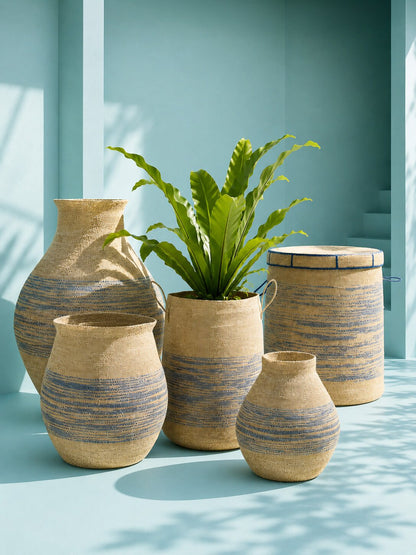 Basket With Handle + Lid Striped Seagrass Natural/Blue J-Line