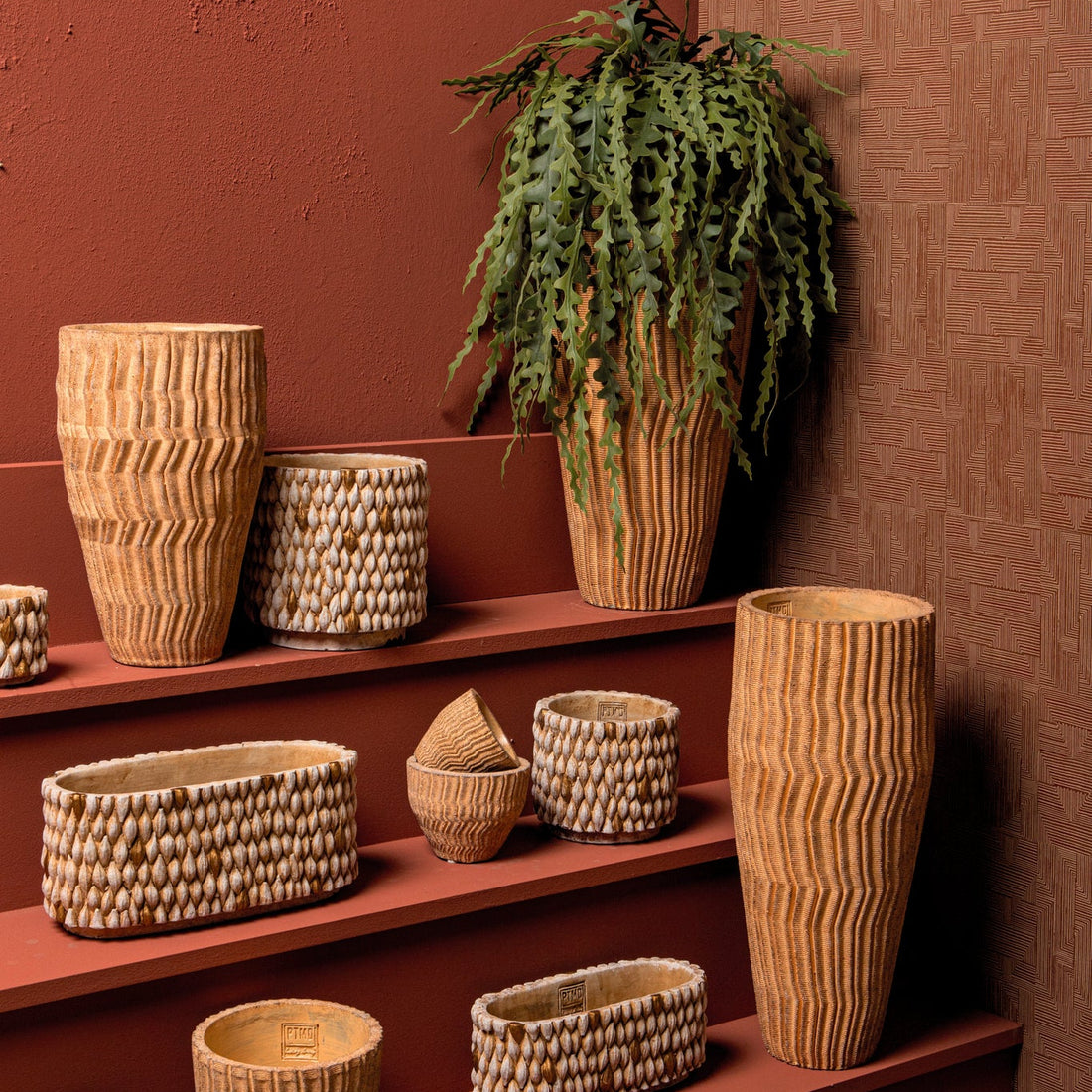 Flower pot Zanaya Tall Ribbed Cement Light brown Large PTMD