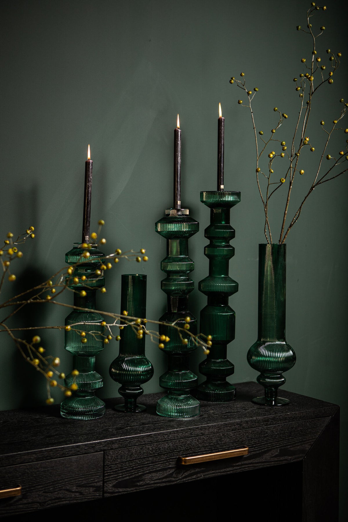 Galinda Dark Green Ribbed Glass Candlestick Small PTMD