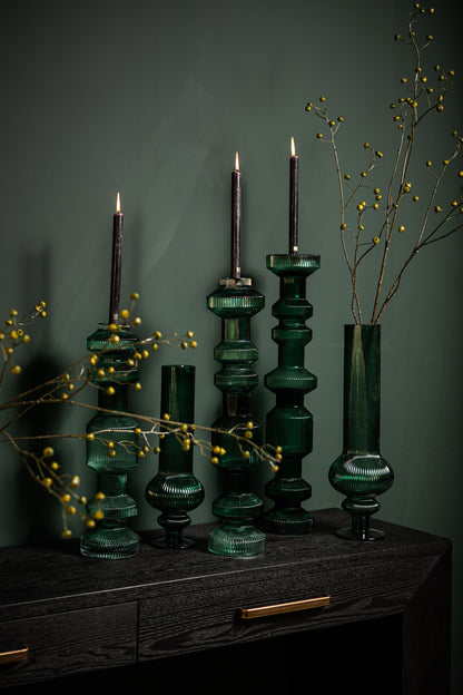 Galinda Dark Green Ribbed Glass Candlestick Small PTMD