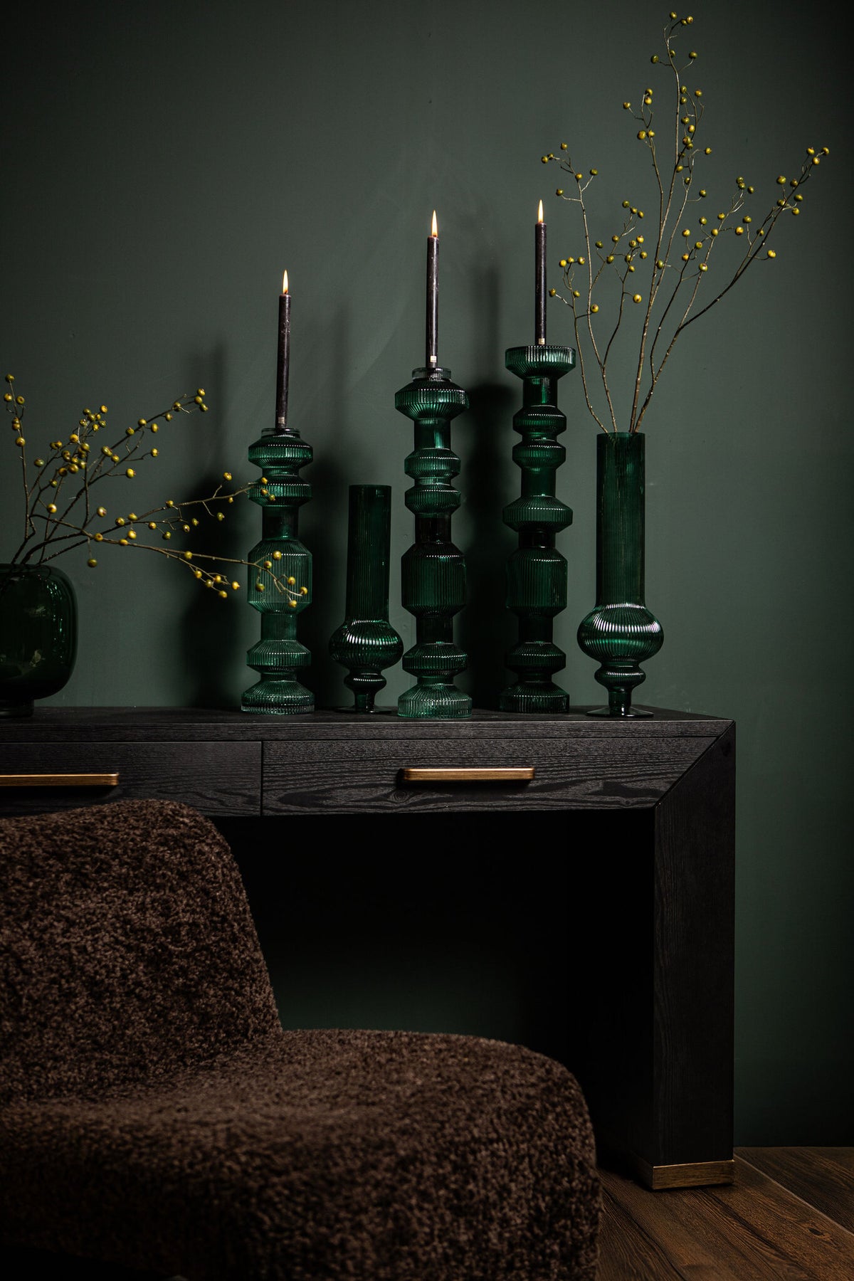 Galinda Dark Green Ribbed Glass Candlestick Small PTMD