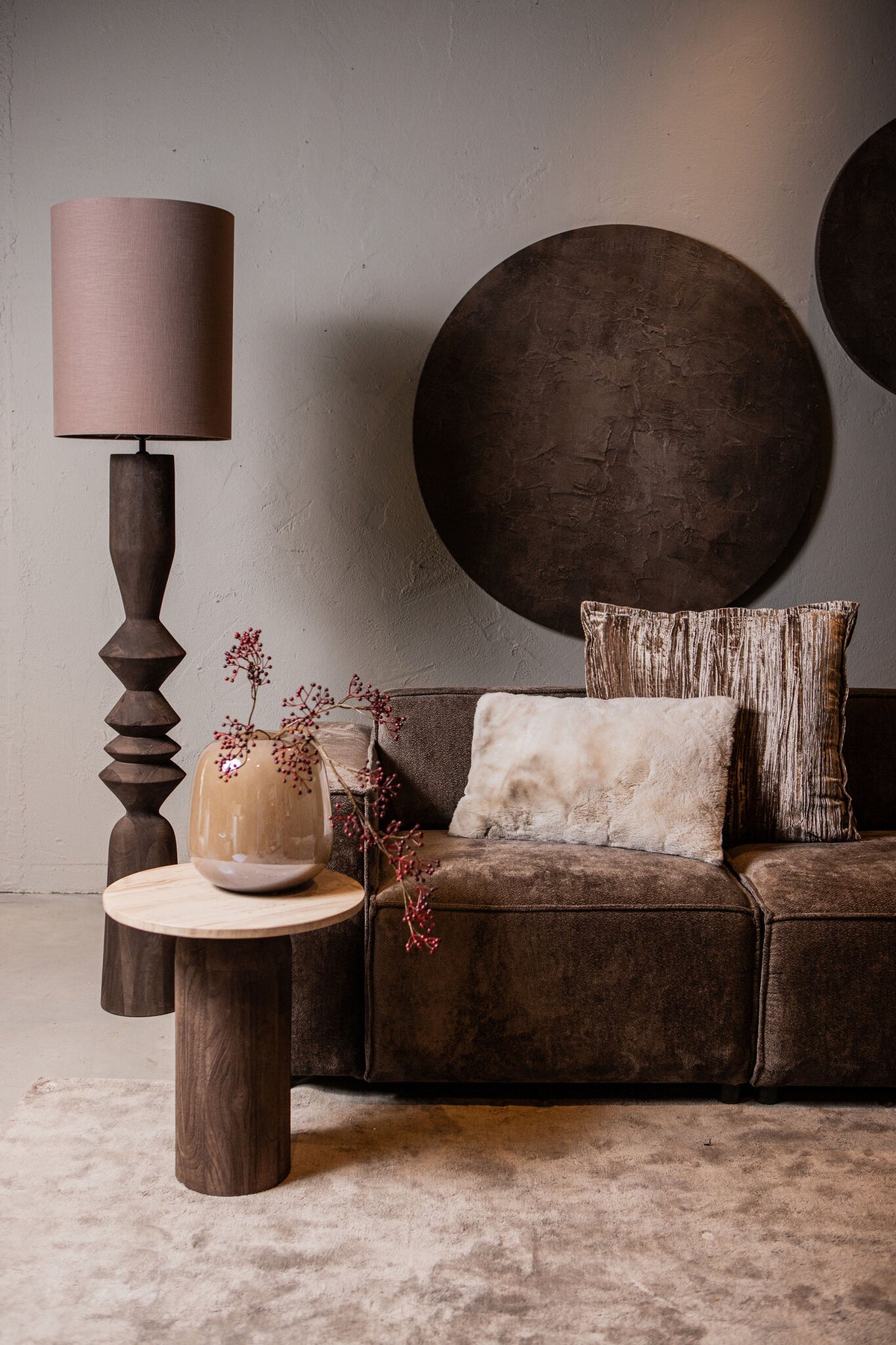 Floor Lamp Elaine Brown Mango Wood Round Base H130cm PTMD