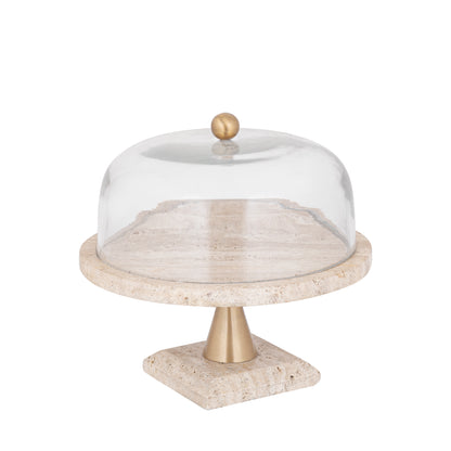 Cake platter Lyron Natural Travertine Round Glass Bell Large PTMD
