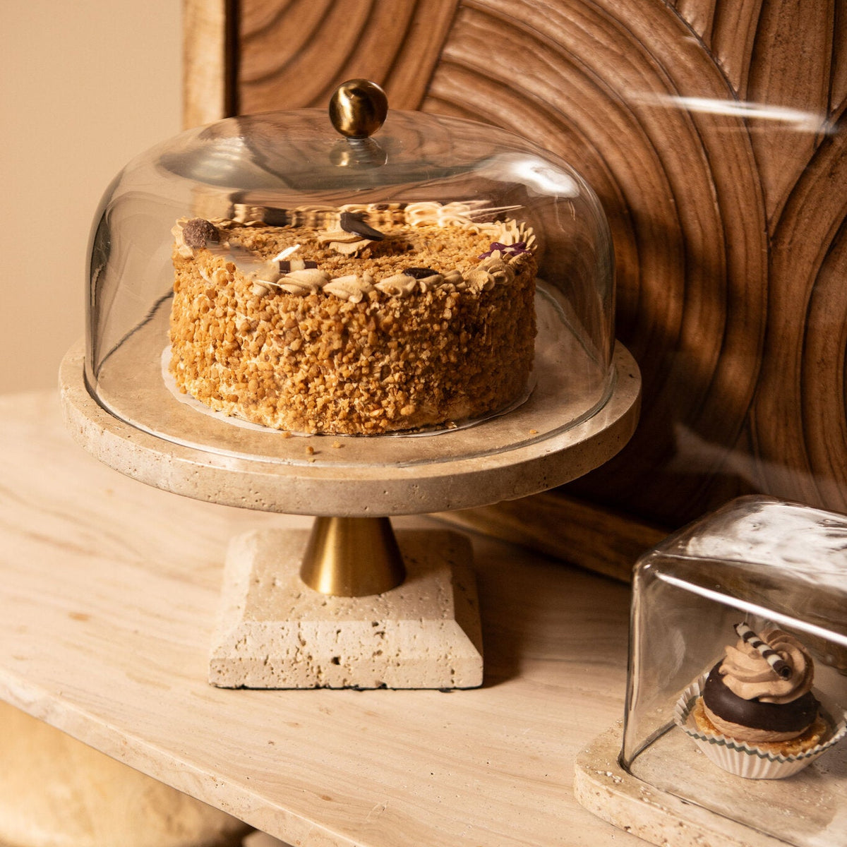 Cake platter Lyron Natural Travertine Round Glass Bell Large PTMD
