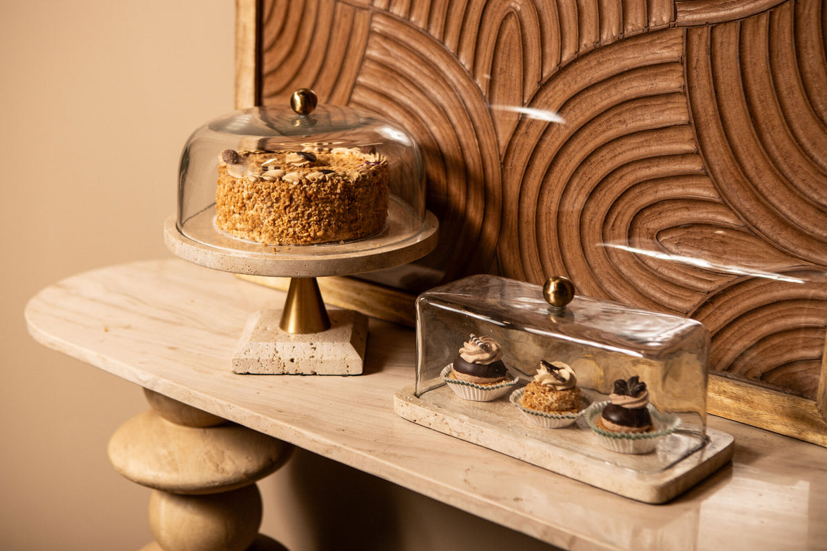 Cake platter Lyron Natural Travertine Round Glass Bell Large PTMD