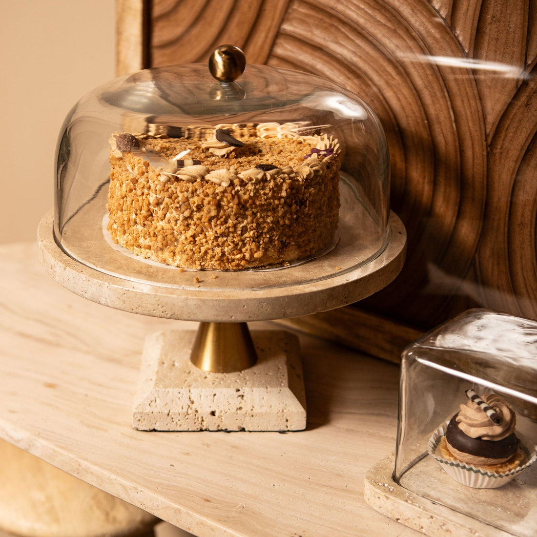 Cake platter Lyron Natural Travertine Round Glass Bell Small PTMD