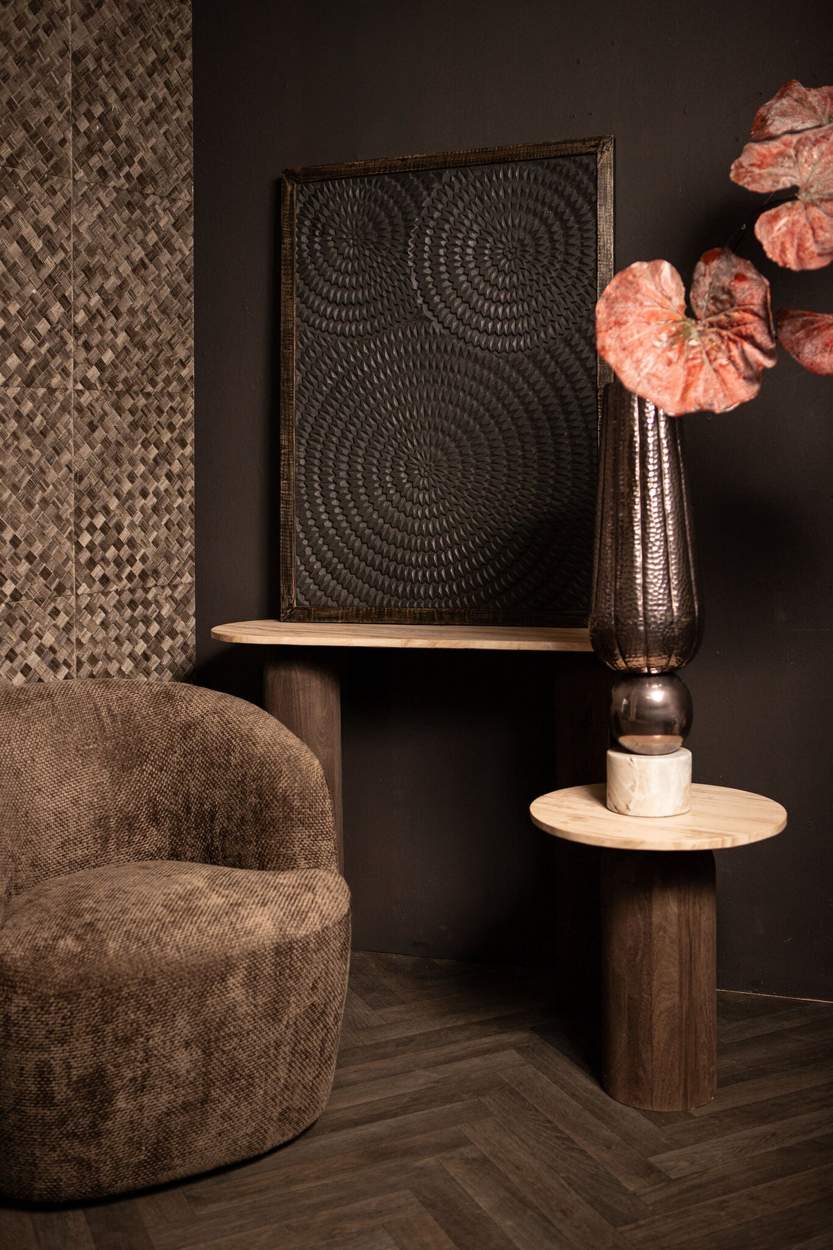 Levya Black Wooden Rectangular Wall Panel Round Pattern PTMD