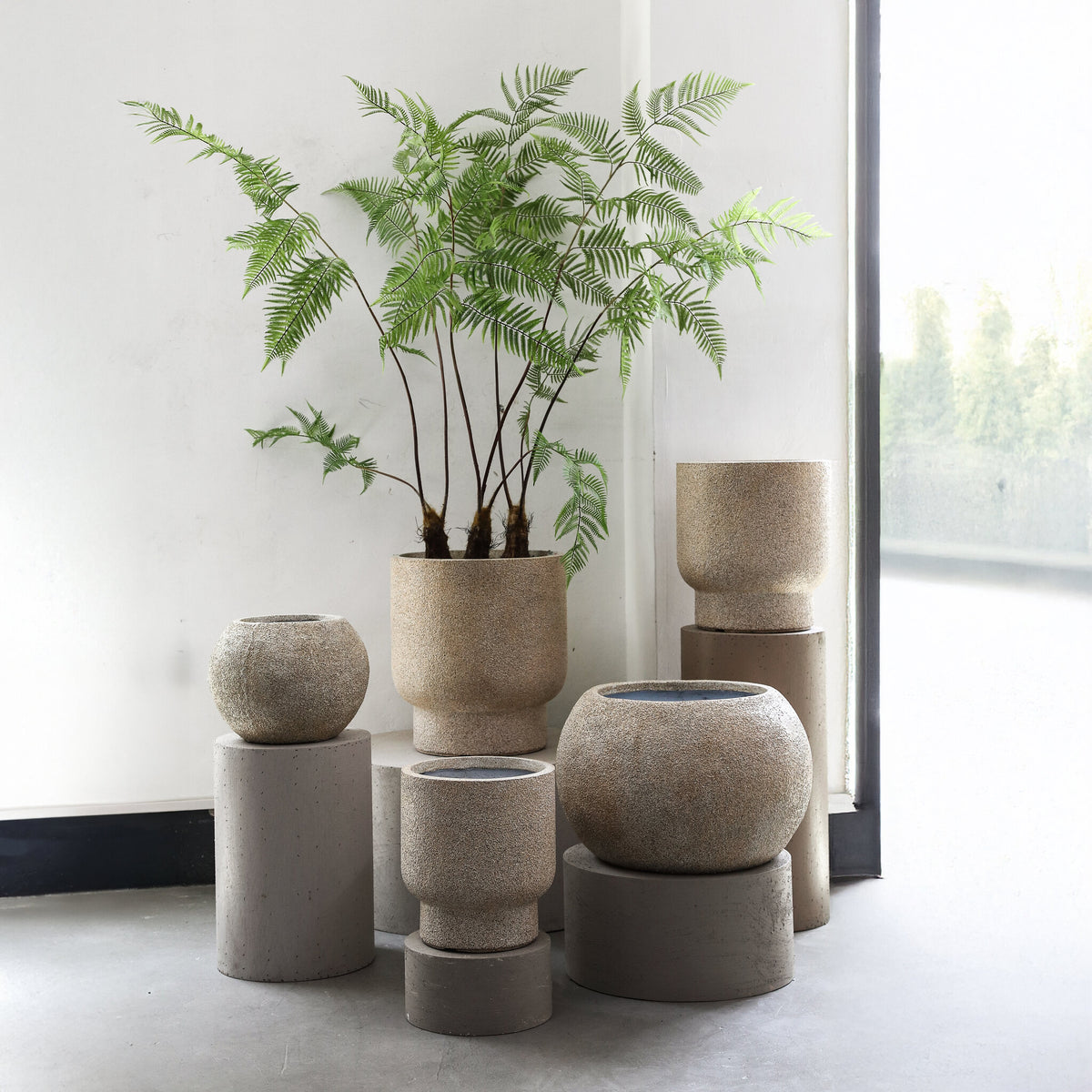 Nihara Beige Fiber Cement Globe-Shaped Flower Pot Set of 2 PTMD