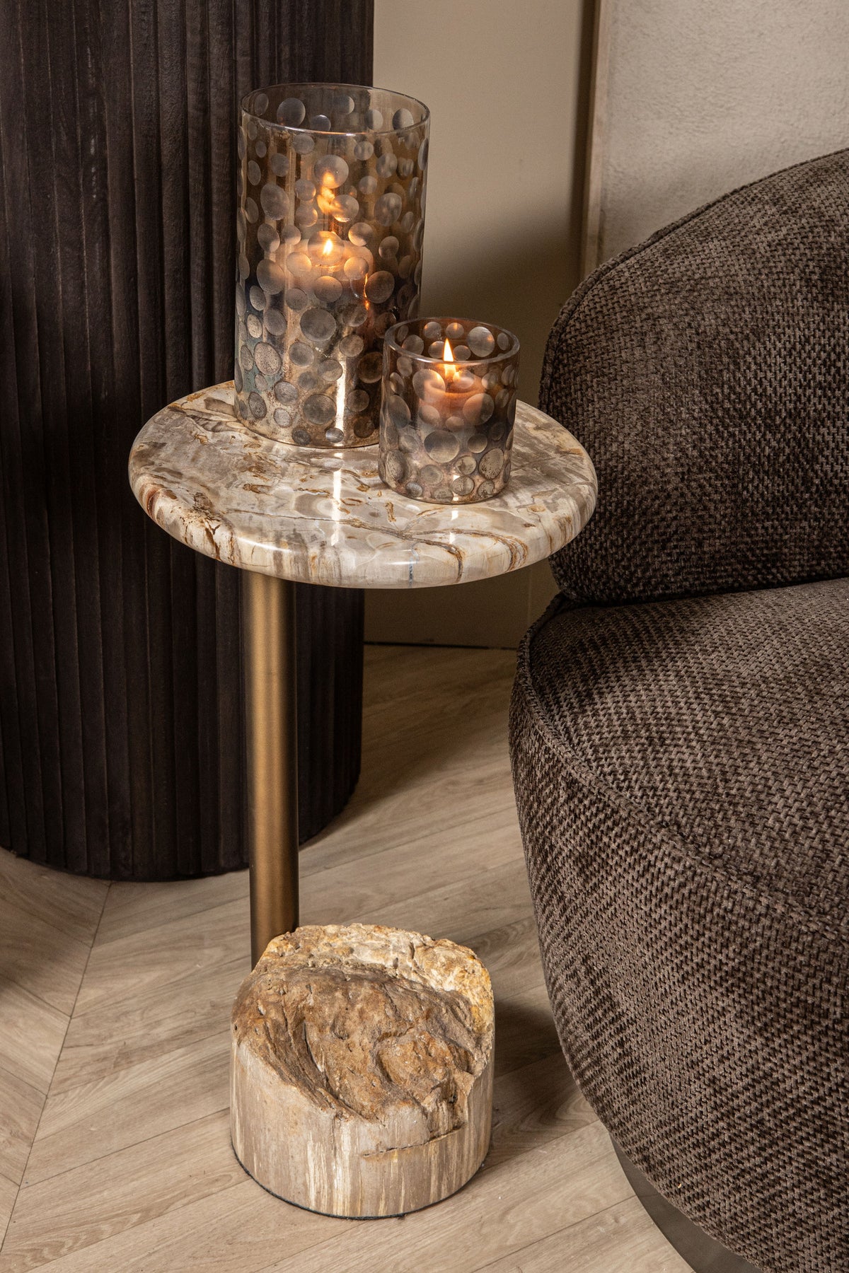 Side table Ataja Natural Natural petrified wood Brass leg PTMD