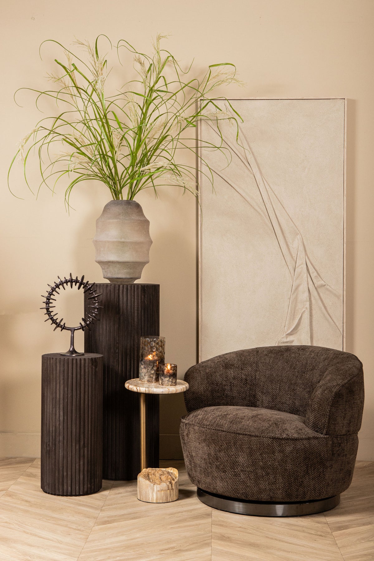 Side table Ataja Natural Natural petrified wood Brass leg PTMD