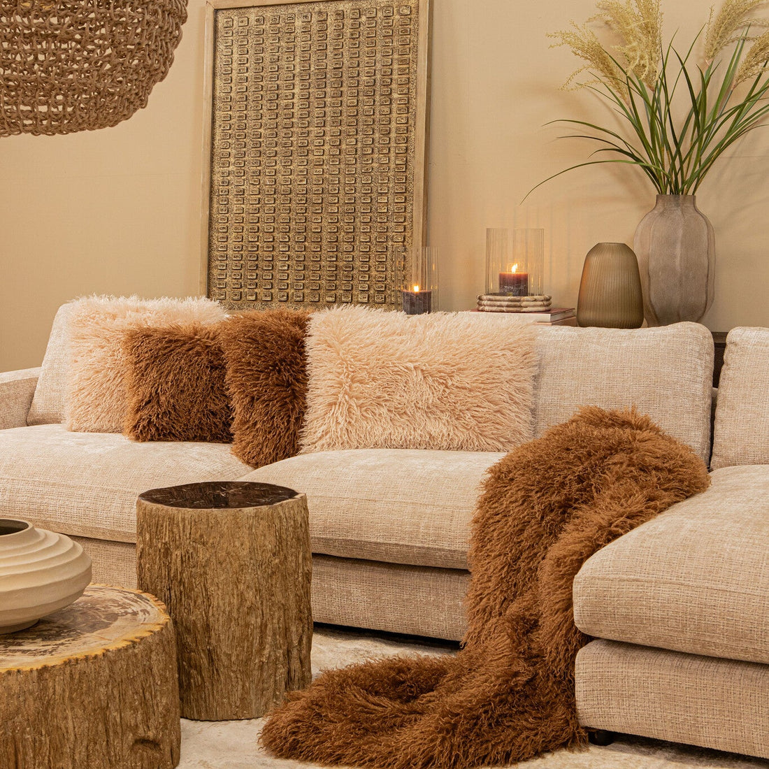 Rexx Beige Faux Sheepskin Cushion Rectangle PTMD